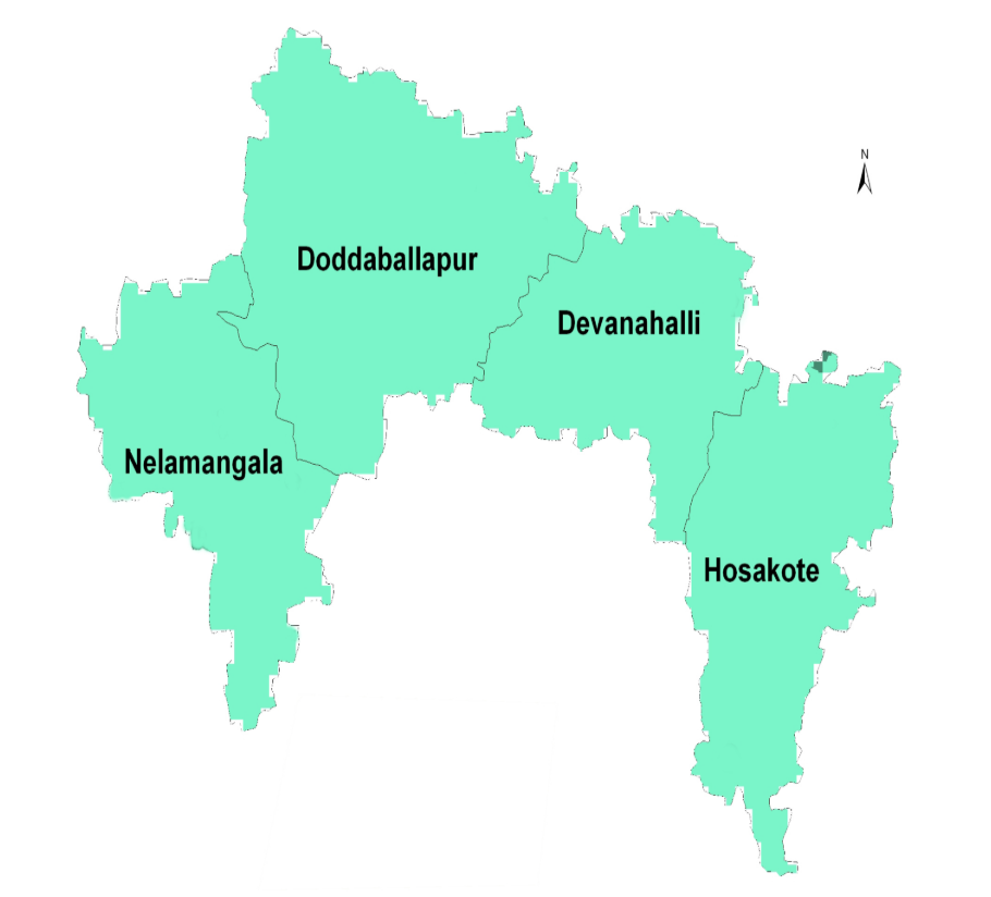 Map showing Bangalore Rural district boundaries with Devanahalli, Hoskote, Nelamangala, and Dodballapura taluks