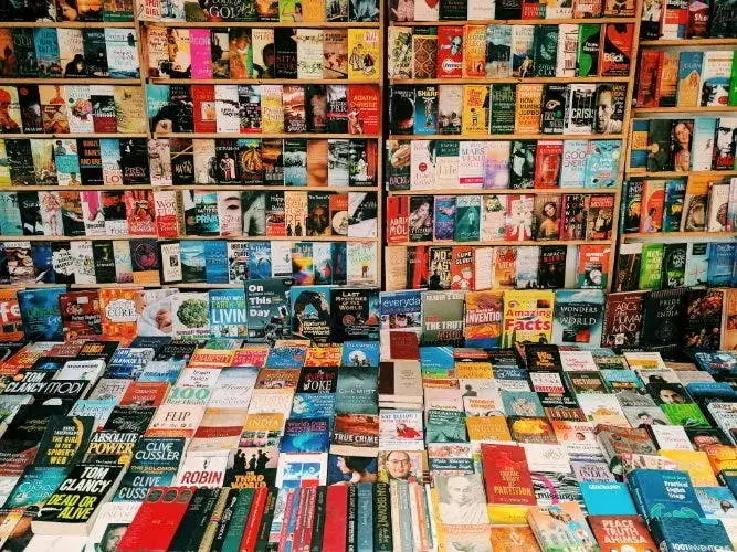 Books displayed at the Sunday Book Bazaar in Abids, Hyderabad.