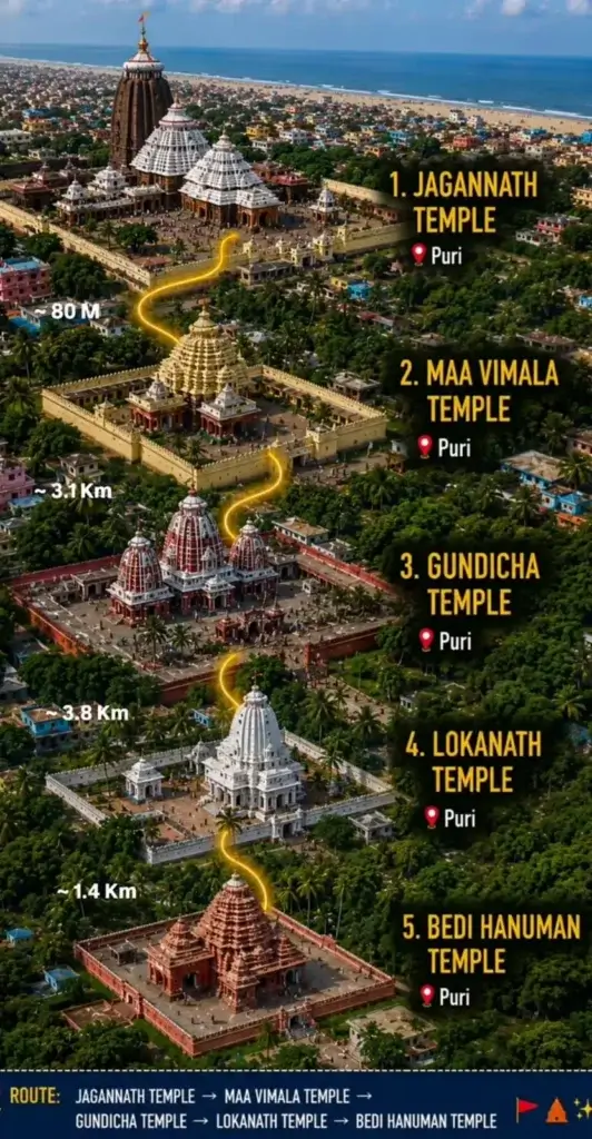 Suggested Jagannath Puri temple route showing Jagannath Temple, Maa Vimala Temple, Gundicha Temple, Lokanath Temple and Bedi Hanuman Temple.