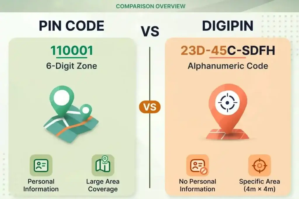 PIN Code vs DIGIPIN comparison showing 6-digit postal code and 10-character digital address with 4m × 4m accuracy.